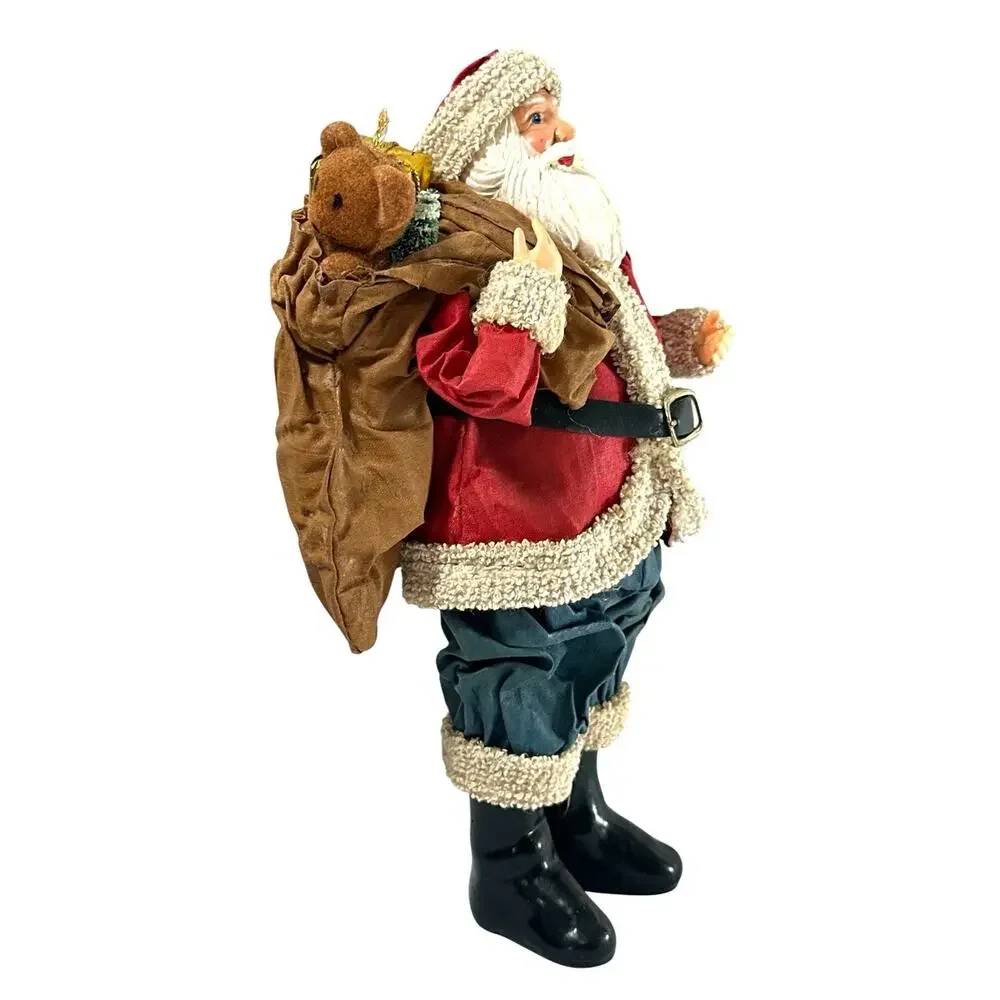 Vintage Paper Mache Santa Claus Figurine 9” Teddy Bear Gift Sack Christmas Decor